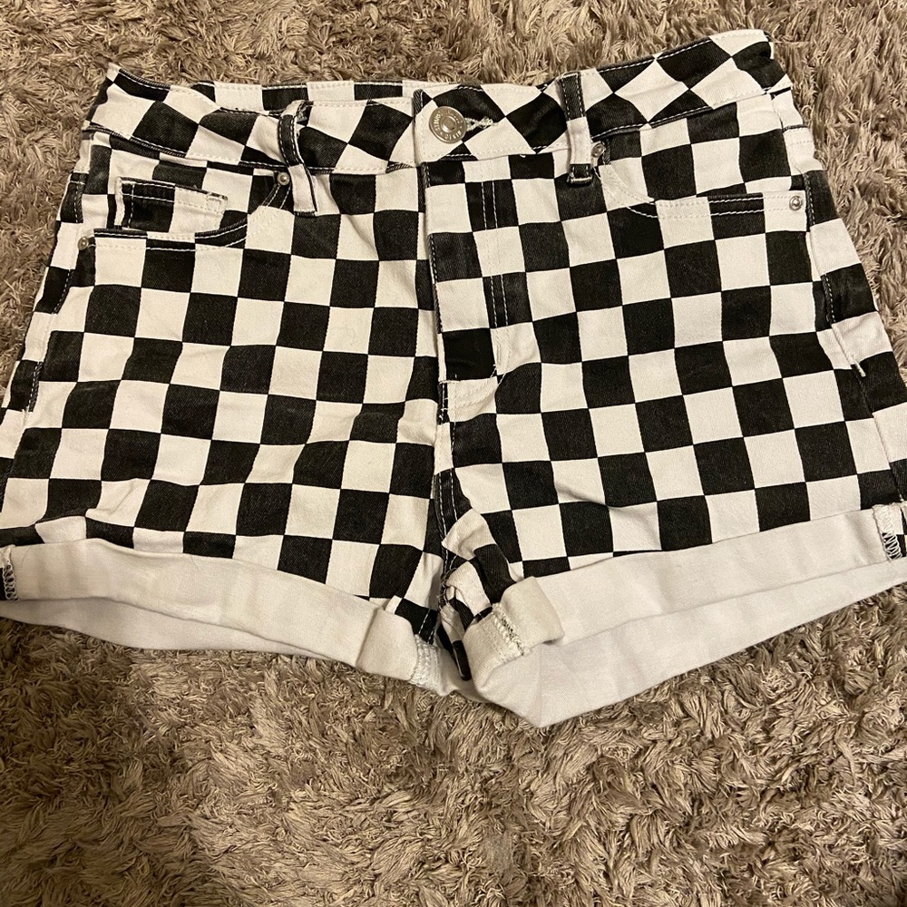 black and white checkered print shorts
